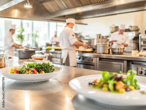 Professional chefs preparing gourmet dishes in a modern kitchen with fresh ingredients and vibrant plates.