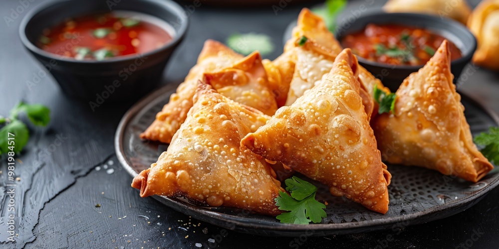 Crispy fried pastries filled with spiced potato and minced meat, served on a metal plate. Crispy fried pastries filled with spiced potato and minced meat, served on a metal plate.