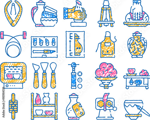 pottery production doodle icons set vector. sketch line art pottery finished products and clay rolling machine, roasting chamber and screw extruder color illustrations