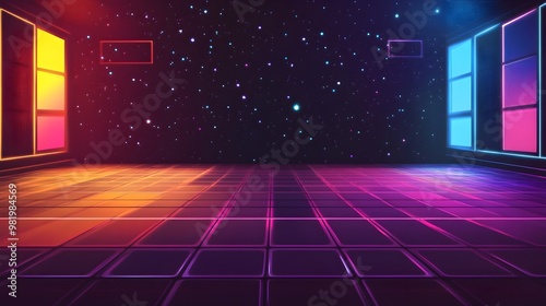 Retro Futuristic Neon Lights Grid Pattern for 80s Cyber Banner Mockup Background
