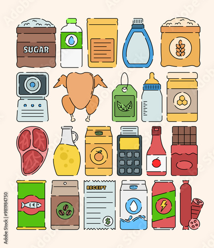 A visually appealing set of food and drink icons in flat design style, highlighting an assortment of grocery items.