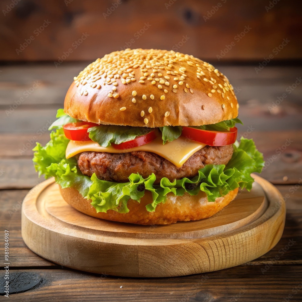 A delicious hamburger on a plate, featuring a juicy beef patty, melted cheese, fresh lettuce, and tomato, set against a rustic wooden background A delicious hamburger on a plate, featuring a juicy beef patty, melted cheese, fresh lettuce, and tomato, set against a rustic wooden background