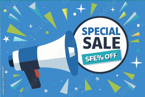 a megaphone with a speech bubble containing the word SPECIAL SALE against a dynamic blue background with star and burst elements