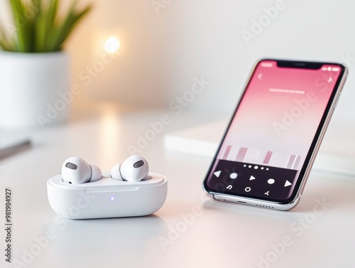 Stylish wireless earbuds beside a smartphone showcasing music playback, perfect for tech and lifestyle themes. photo