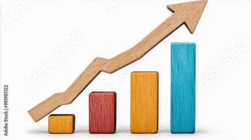 Colorful bar chart depicting growth trend with a wooden arrow pointing upwards, symbolizing business progress and success.