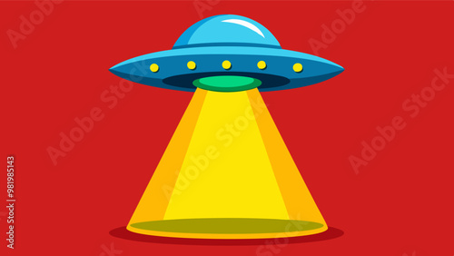 a blue UFO emitting a bright yellow beam of light against a red background, perfect for sci-fi and extraterrestrial themed designs.