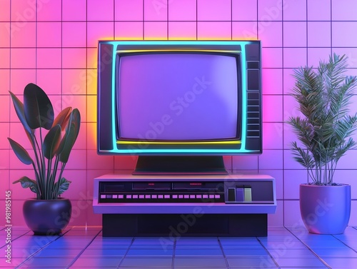 Retro 80s Style Mockup Screen with Colorful Neon Background and Houseplant Decor