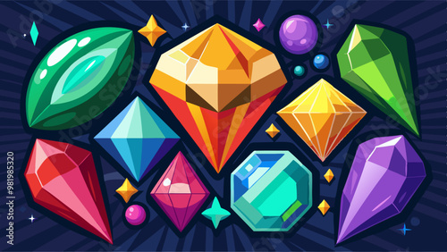 a variety of colorful, faceted gemstones in different shapes and sizes against a dark background, perfect for adding a touch of sparkle to any design project