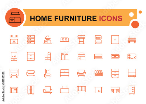 Home furniture icon set. Mimimalist thin line style. Editable stroke. Desk, Interior, Workplace, bed, Luxury, Chair, Furrnishing Icon collection. photo