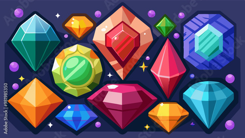 a variety of colorful, faceted gemstones in different shapes and sizes against a dark background, perfect for adding a touch of sparkle to any design project