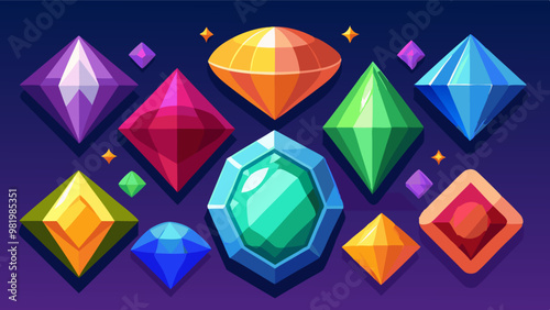 a variety of colorful, faceted gemstones in different shapes and sizes against a dark background, perfect for adding a touch of sparkle to any design project