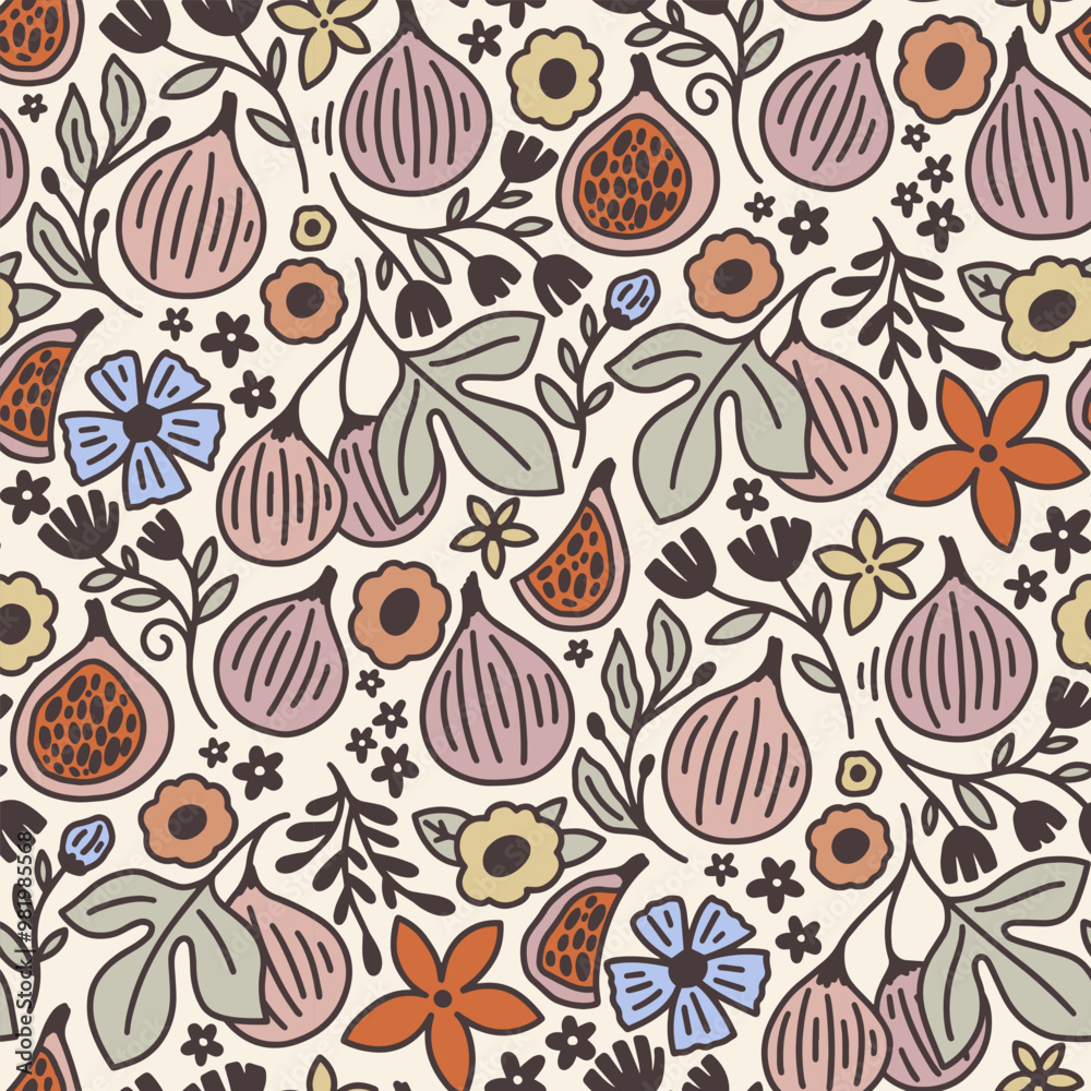 Colorful pattern with fig fruits and flowers. Doodle style.Vector illustration. Monochrome seamless pattern.