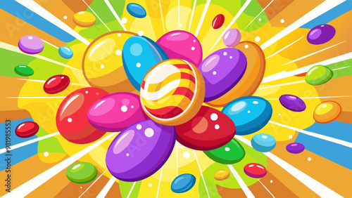 colorful candies and lollipops exploding outward against a dynamic blue background, perfect for sweet-themed designs and advertisements