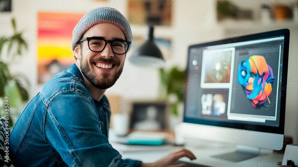 Fototapeta premium A Smiling Man in a Blue Denim Jacket Uses a Computer for Graphic Design