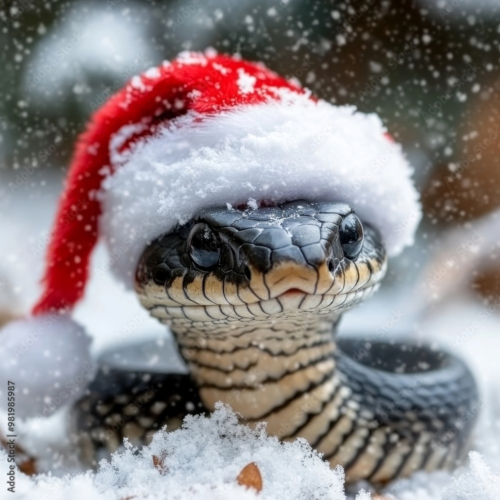New Years Snake 2025 Black Snake in Santa Hat on Snowy Background, Christmas Banner New Years Snake 2025 Black Snake in Santa Hat on Snowy Background, Christmas Banner