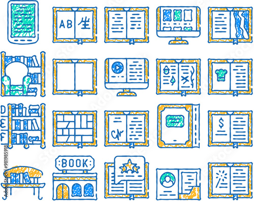 book library shop doodle icons set vector. sketch line art electronic read device and interpreter gadget, book store and armchair, business literature and comics color illustrations
