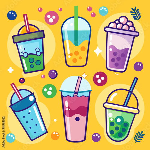 six colorful bubble tea drinks with various toppings and decorations, perfect for microstock submissions related to beverages, summer, and trendy drinks