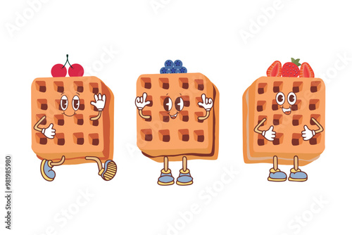 Waffle icon with various fillings. Vector illustration of waffles in the style of kawaii, pastries for breakfast, sweet snack.