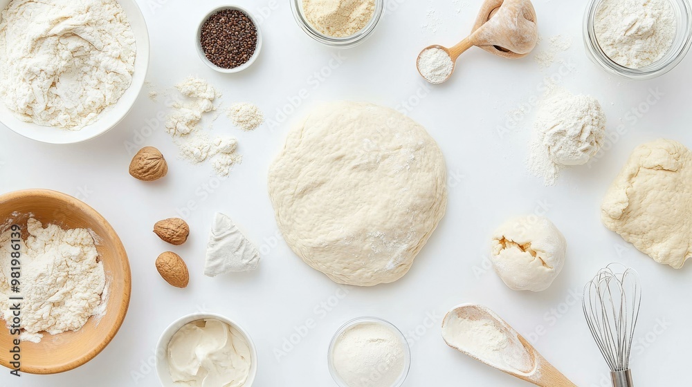 Ingredients and dough for baking, viewed from the top, spread out on a white background, ready for a baking session. Ingredients and dough for baking, viewed from the top, spread out on a white background, ready for a baking session.