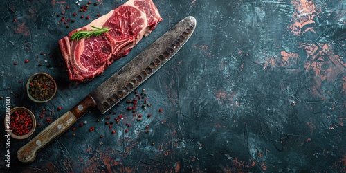 Close-up of uncooked dry-aged ribeye steaks on a sizable rustic knife with room for text