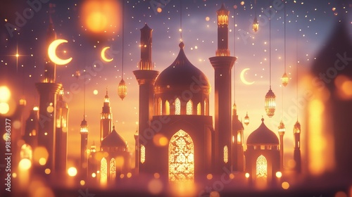 Wallpaper Mural Islamic Eid Mubarak card with glowing mosque arches, adorned with crescent moons and lanterns, celebrating the spirit of Ramadan Kareem. Torontodigital.ca