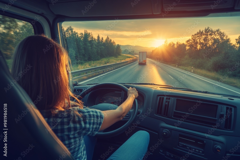 Fototapeta premium Happy Female Truck Driver on the Road at Sunset, Concept of Trucking, Delivery and Transportation.