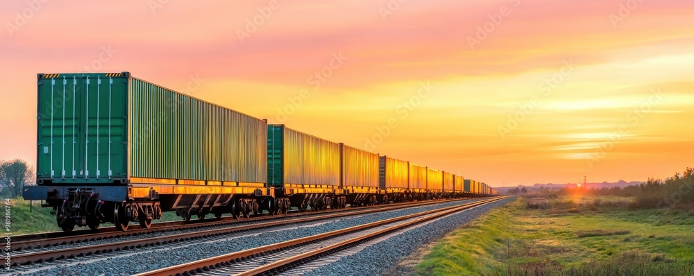 Fototapeta premium Vibrant sunset over a long freight train transporting green cargo containers along the railway, highlighting transportation and industry.
