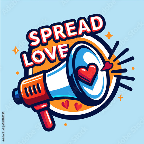 A vibrant vector illustration features a megaphone with a heart symbol and the text 'Spread Love,' emphasizing a message of positivity and kindness