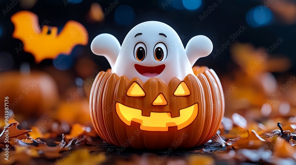 Naklejka premium Cute Ghost in Pumpkin for Halloween Celebrations