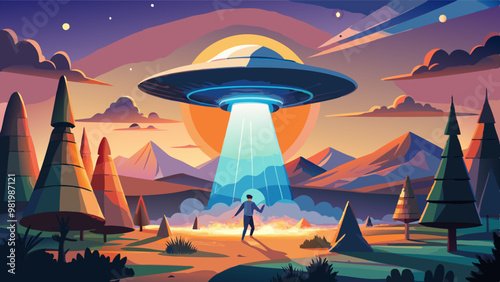 A person stands in awe as a large UFO hovers above a mountainous landscape, casting a bright beam of light downwards, creating a surreal and captivating scene.
