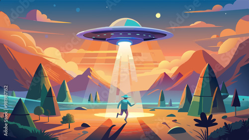 A person stands in awe as a large UFO hovers above a mountainous landscape, casting a bright beam of light downwards, creating a surreal and captivating scene.