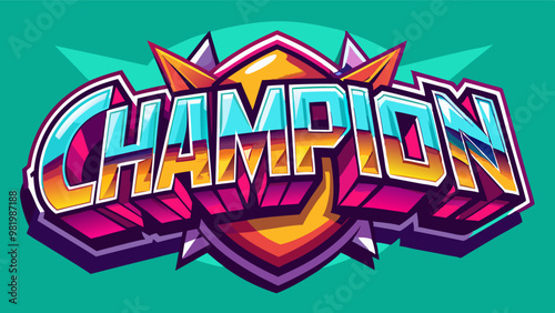 the word CHAMPION in bold, colorful, 3D-style typography with dynamic starburst and sparkle elements, perfect for celebrating victory or success