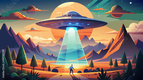 A person stands in awe as a large UFO hovers above a mountainous landscape, casting a bright beam of light downwards, creating a surreal and captivating scene.