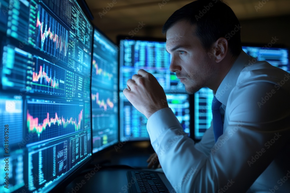 A businessman analyzing market trends on a state-of-the-art computer setup A businessman analyzing market trends on a state-of-the-art computer setup