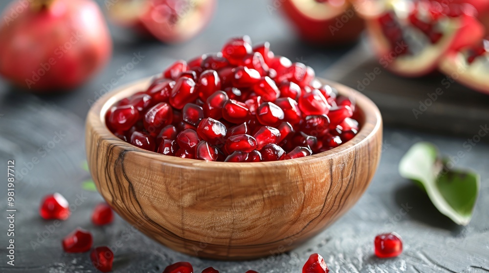 Red pomegranate seeds, peeled and ready to use for nutrition and culinary purposes, in a rustic wooden bowl. Red pomegranate seeds, peeled and ready to use for nutrition and culinary purposes, in a rustic wooden bowl.