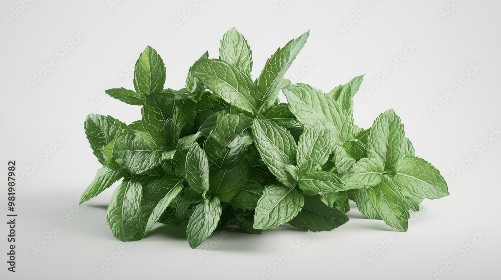 Vibrant 3D Model of Fresh Mint Bunch with Green Leaves on White Background Vibrant 3D Model of Fresh Mint Bunch with Green Leaves on White Background