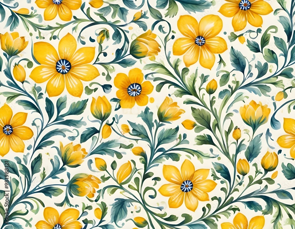 custom made wallpaper toronto digitalNorwegian Scandinavian rosemaling traditional handpainted folk art in bright yellow floral pattern