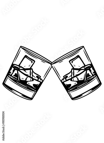 Whiskeys | Whiskey Alcohol | Beverage | Liquor Drinks | Whiskey Cheers | Two Whiskey Glass | Alcoholic Dad | Whiskey Overload | Original Illustration | Vector and Clipart | Cutfile and Stencil