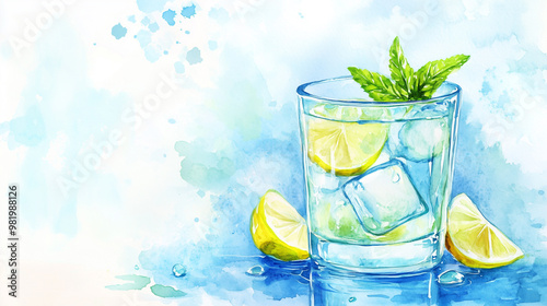 Watercolor painting of a glass of lemonade with ice and mint, on a light blue background, Generative AI photo