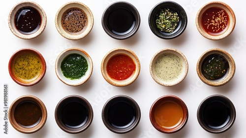 Neatly arranged sauce bowls in top-down view, highlighting various textures and colors on a white background.