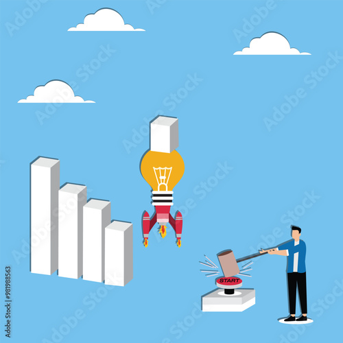 Idea to boost business sales, solution to problem reduced company revenue, effort to increase investment profit concept, Businessman lauching idea light bulb to push downtrend bar graph into sky