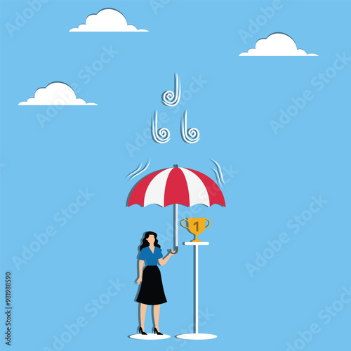 Company strategy or action to protect success, business protection to maintain market position, victory defense concept, Businesswoman spreading umbrella to cover trophy