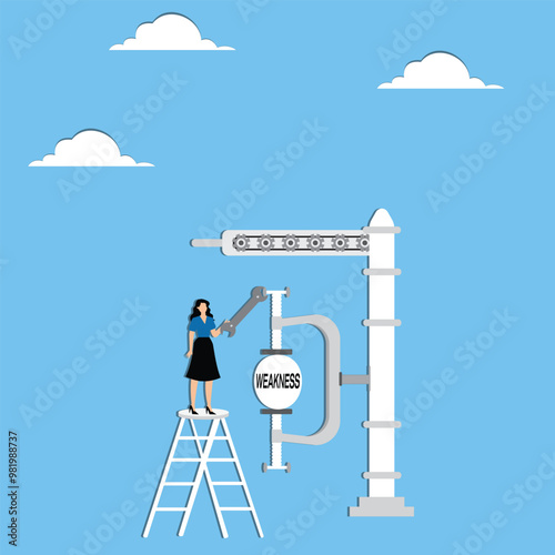 Reducing self-weakness, endeavor for personal growth and development concept, Businesswoman using clamping to squeeze and reduce size of weakness ball
