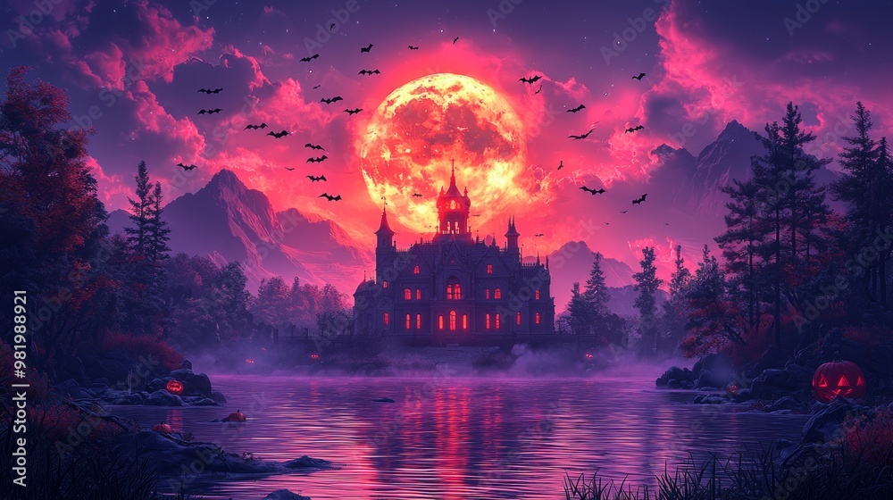 Obraz premium Mystical Castle Under a Blood Moon Night Sky