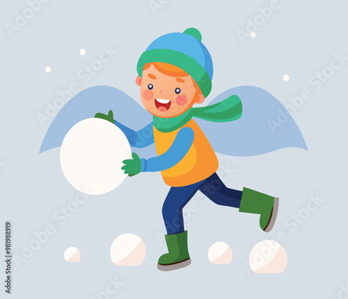 Happy child running and carrying a giant snowball for a snowball fight