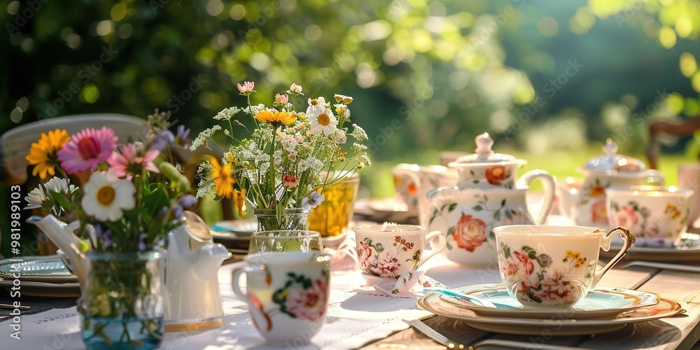 Sunny outdoor tea setting with floral patterned china and wildfl Sunny outdoor tea setting with floral patterned china and wildfl