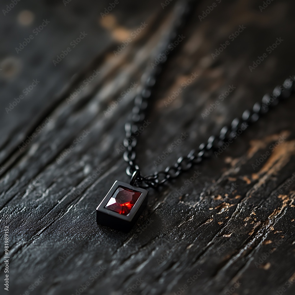 A black chain necklace with a red gemstone pendant rests on a rustic wooden surface. A black chain necklace with a red gemstone pendant rests on a rustic wooden surface.