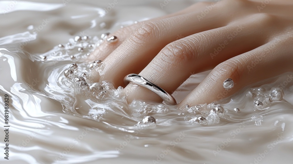A hand adorned with a silver ring submerged in a milky fluid.