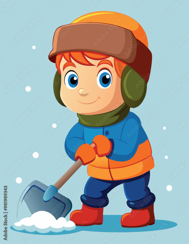 Happy boy removing snow with shovel Happy boy removing snow with shovel