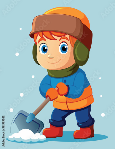 Happy boy removing snow with shovel